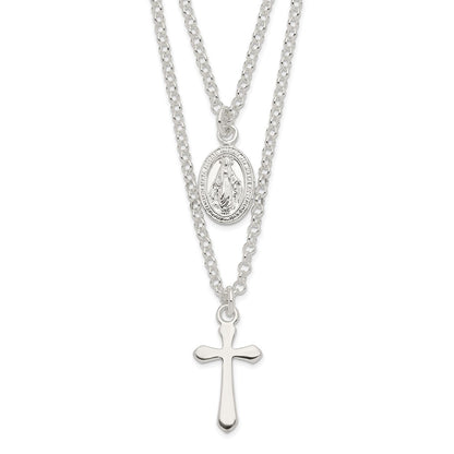Sterlingsilber Poliert Medallion & Kreuz Halskette