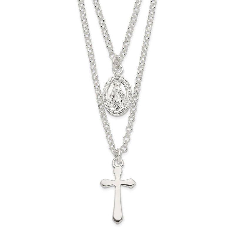 Sterlingsilber Poliert Medallion & Kreuz Halskette