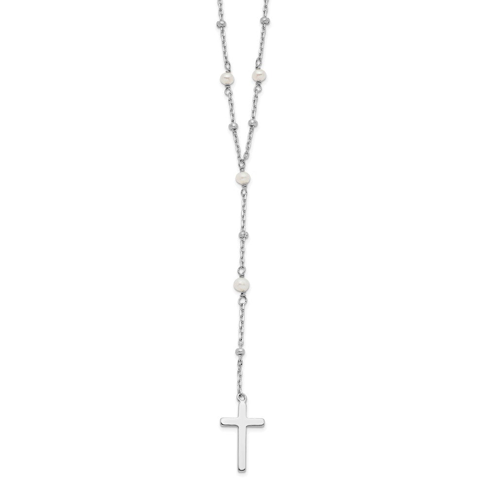 Sterlingsilber Rhodiniert Gekugelt Fwc Perle Kreuz mit 2 in Verlängerung. Halskette