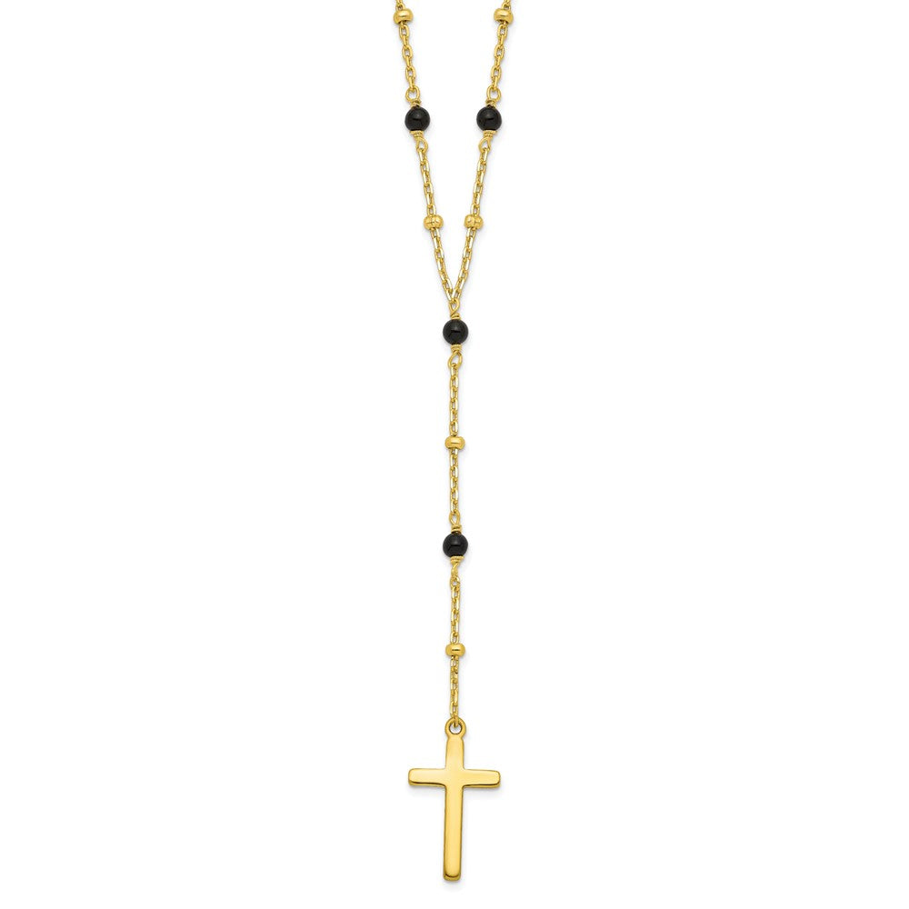 Sterlingsilber Goldfarben Gekugelt Onyx Kreuz mit 2 in Verlängerung. Halskette