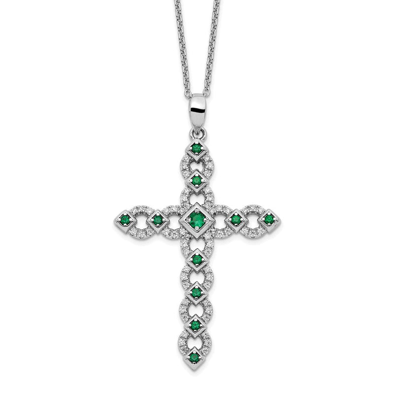 Sterlingsilber Rhodiniert Zirkonia & Grün Nano Kristall Kreuz 18 Zoll Halskette