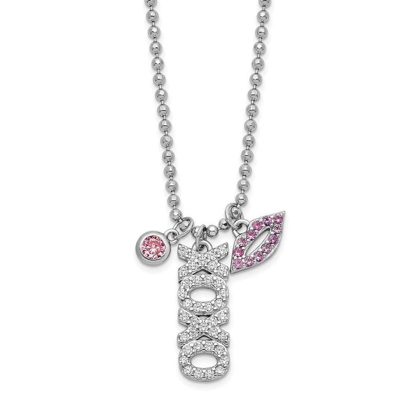 18 Zoll Sterlingsilber Rhodiniert Zirkonia Xoxo und Lips Diamantiert Perle Halskette