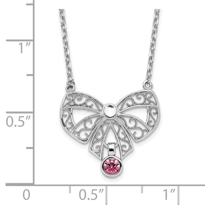 Sterlingsilber Rhodiniert Poliert Oct. Schleife Zirkonia Geburtsstein Halskette