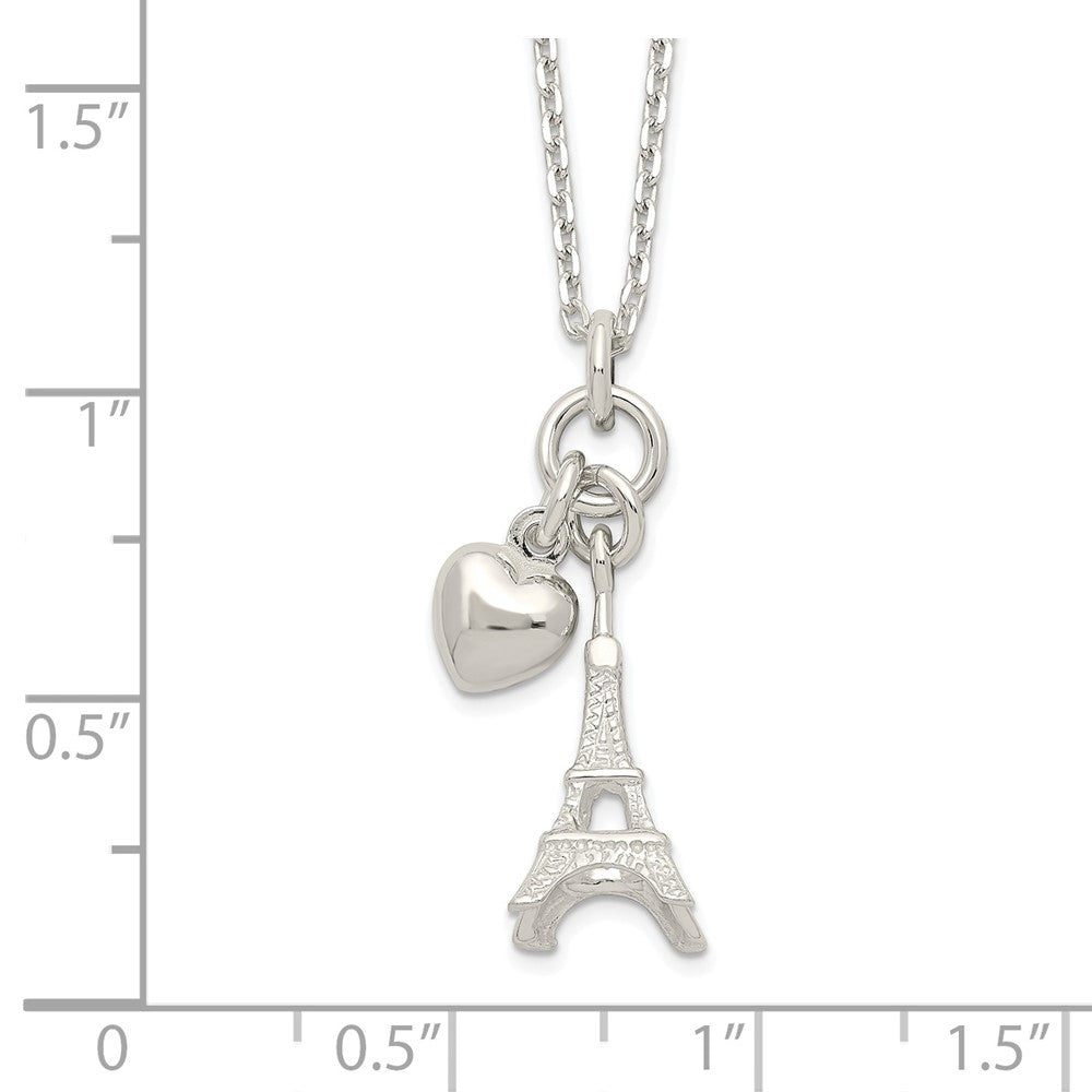 Sterlingsilber Poliert Eiffel Tower & Herz Halskette