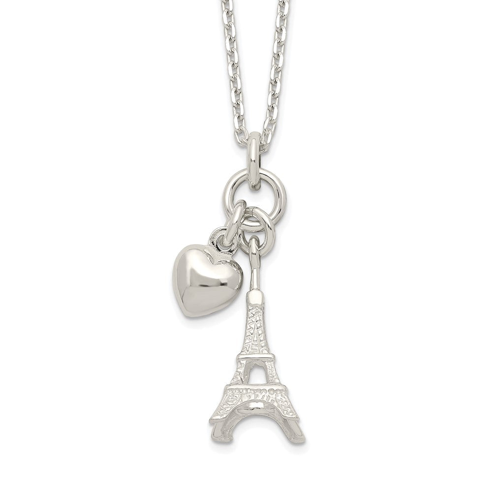 Sterlingsilber Poliert Eiffel Tower & Herz Halskette