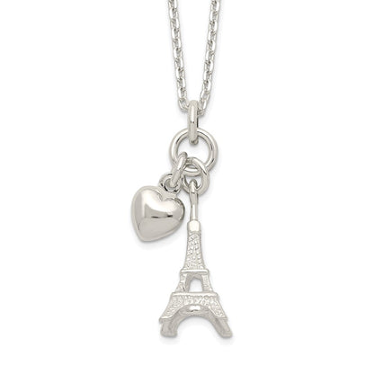 Sterlingsilber Poliert Eiffel Tower & Herz Halskette