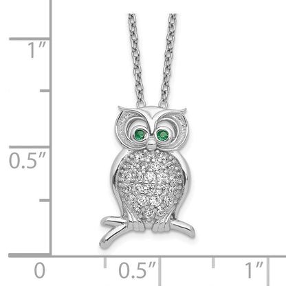 Sterlingsilber Poliert Rhodiniert Grün/clear Zirkonia Eule 18 Zoll Halskette