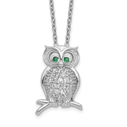 Sterlingsilber Poliert Rhodiniert Grün/clear Zirkonia Eule 18 Zoll Halskette