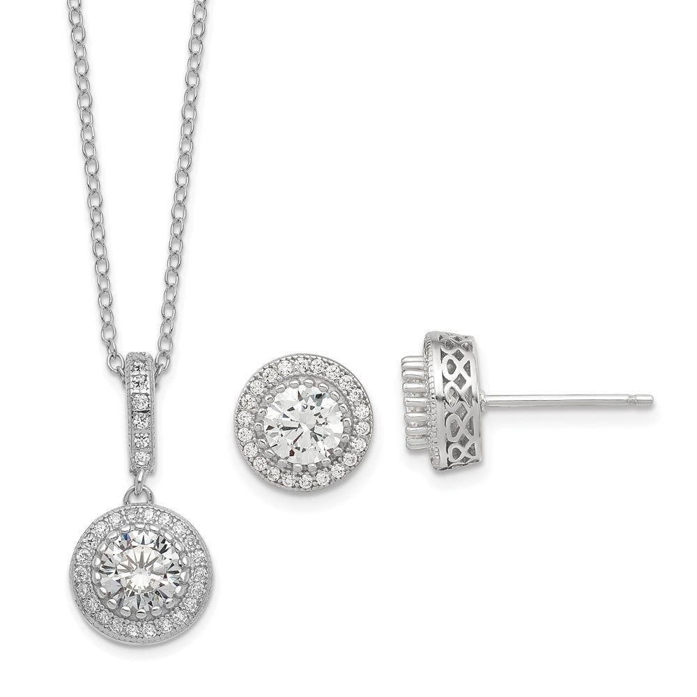 Sterlingsilber Poliert Rhodiniert Zirkonia 18 Zoll Halskette/ Ohrstecker Set