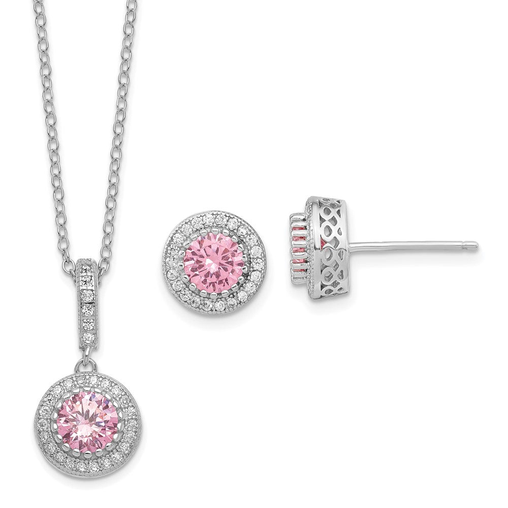 Sterlingsilber Poliert Rhodiniert Zirkonia 18 Zoll Halskette/ Ohrstecker Set