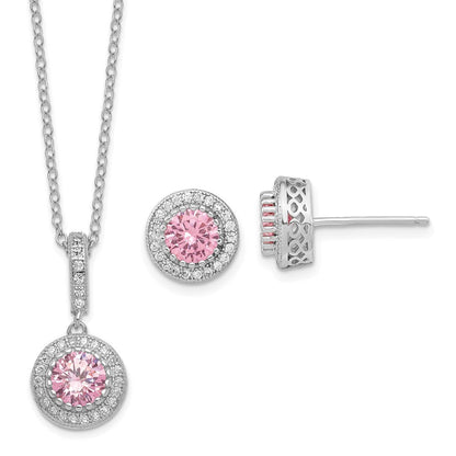 Sterlingsilber Poliert Rhodiniert Zirkonia 18 Zoll Halskette/ Ohrstecker Set