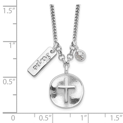 Sterlingsilber Rhodiniert Satiniert Kreuz/hope/cz mit 1.5 Zoll Verlängerung Halskette