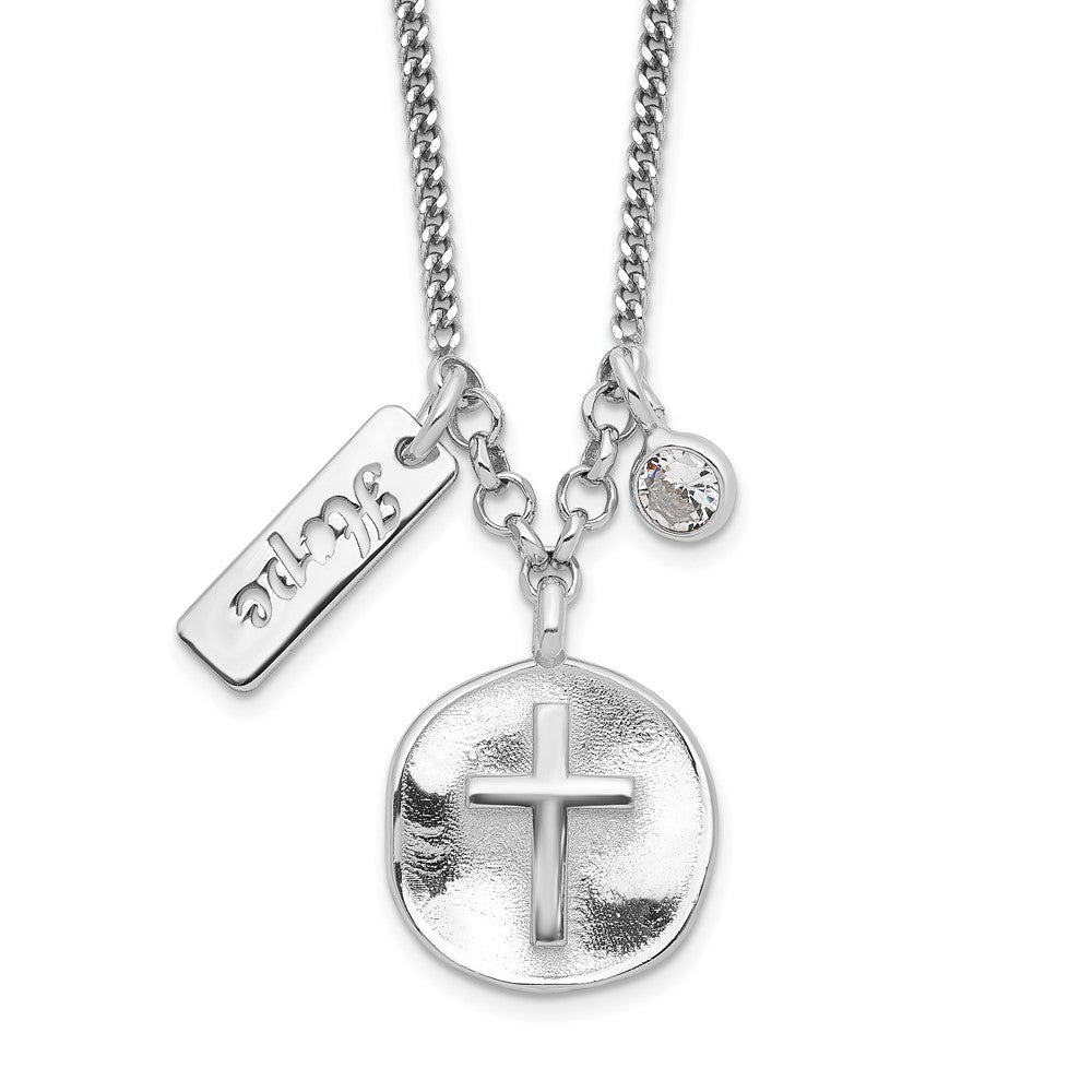 Sterlingsilber Rhodiniert Satiniert Kreuz/hope/cz mit 1.5 Zoll Verlängerung Halskette