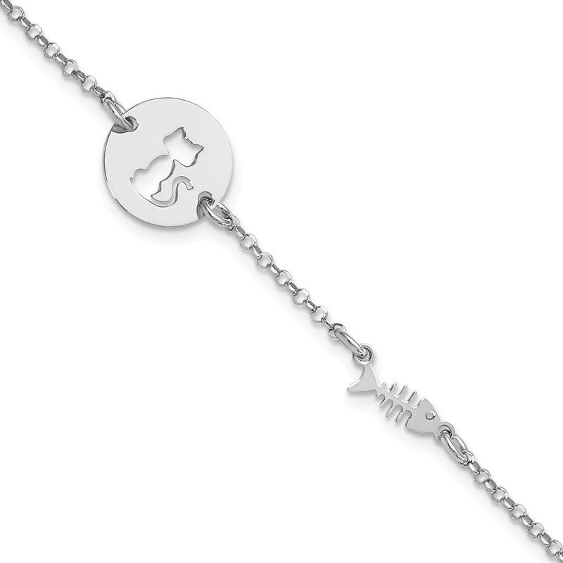 7 Zoll Sterlingsilber Rhodiniert Kitty und Fisch Mit.5 in Verlängerung Armband