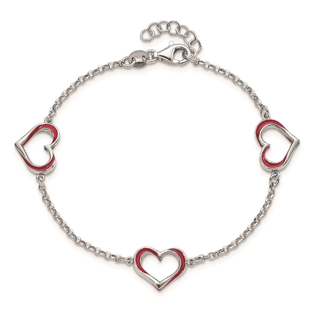 7 Zoll Sterlingsilber Rhodiniert Rot Emaille 3-heart Mit.5 in Verlängerung Armband