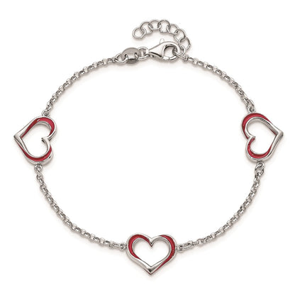 7 Zoll Sterlingsilber Rhodiniert Rot Emaille 3-heart Mit.5 in Verlängerung Armband