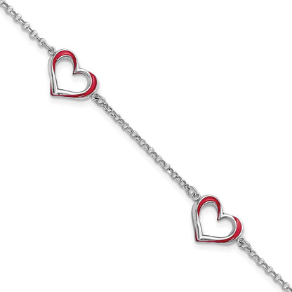 7 Zoll Sterlingsilber Rhodiniert Rot Emaille 3-heart Mit.5 in Verlängerung Armband