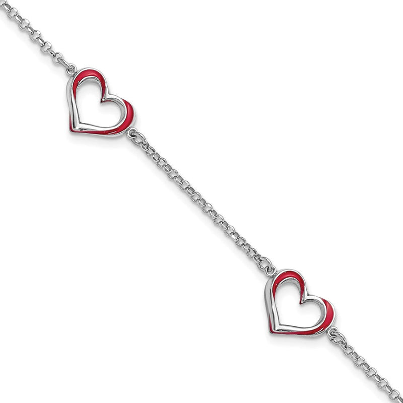 7 Zoll Sterlingsilber Rhodiniert Rot Emaille 3-heart Mit.5 in Verlängerung Armband