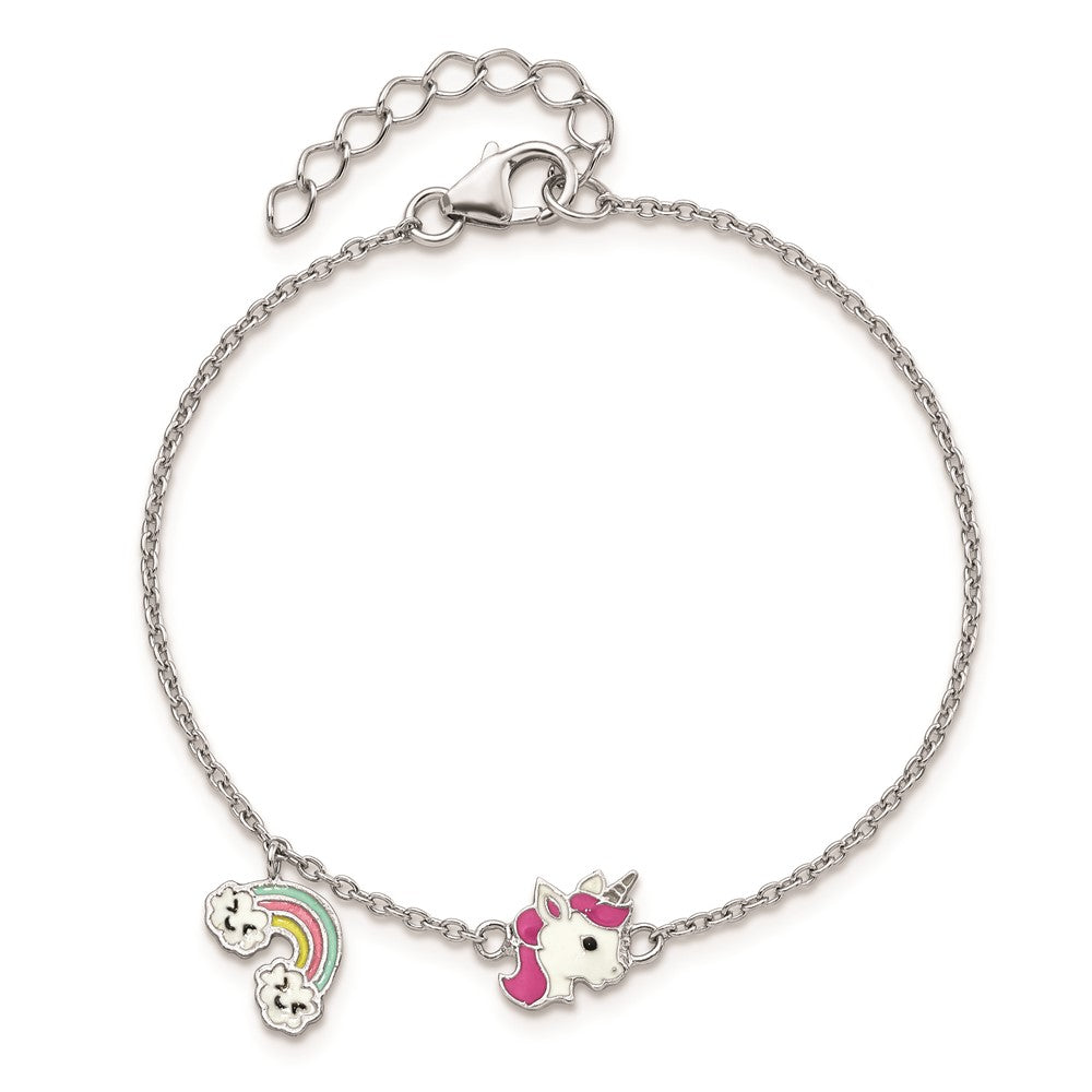 6.75 Zoll Sterlingsilber Rhodiniert Poliert & Mehrfarbig Emailliert Einhorn Regenbogen mit 1 Verlängerung Kinder Armband