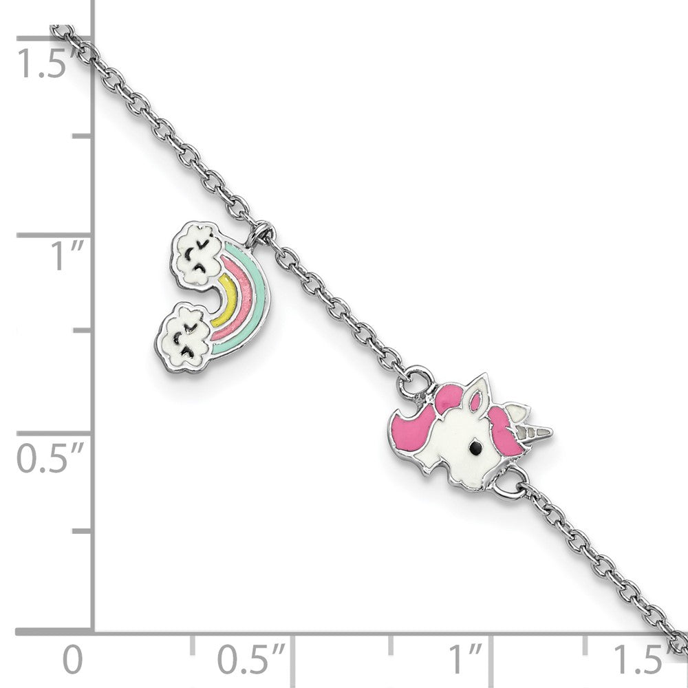 6.75 Zoll Sterlingsilber Rhodiniert Poliert & Mehrfarbig Emailliert Einhorn Regenbogen mit 1 Verlängerung Kinder Armband
