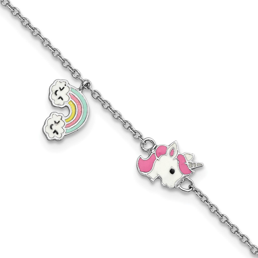 6.75 Zoll Sterlingsilber Rhodiniert Poliert & Mehrfarbig Emailliert Einhorn Regenbogen mit 1 Verlängerung Kinder Armband