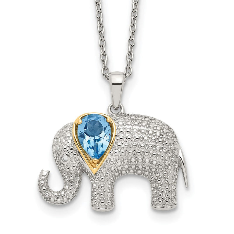 14K/silver Bicolor Brillant Gemstones Sterlingsilber mit 14K Akzente Rhodiniert Blautopas und Diamant Elefant 18 Zoll Halskette 2 Verlängerung