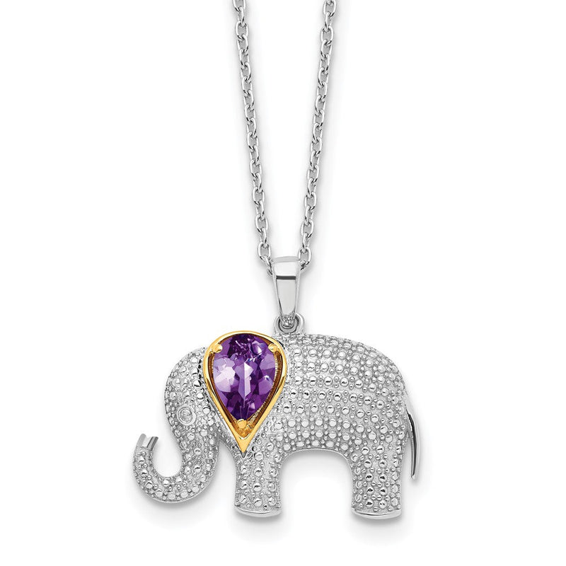 Sterlingsilber Brillant Gemstones mit 14K Akzente Rhodiniert Amethyst und Diamant Elefant 18 Zoll Halskette 2 Verlängerung