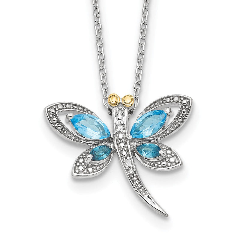 Sterlingsilber Brillant Gemstones mit 14K Akzente Rhodiniert Licht Blautopas und London Diamant Libelle 18 Zoll Halskette 2 Verlängerung