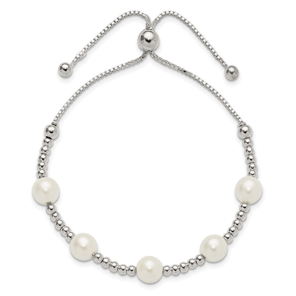 Sterlingsilber Poliert Gekugelt und Synthetisch Perle Verstellbar Armband