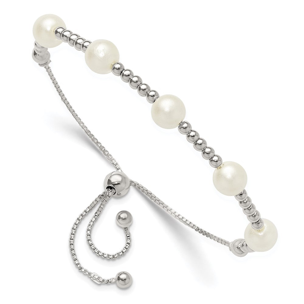 Sterlingsilber Poliert Gekugelt und Synthetisch Perle Verstellbar Armband