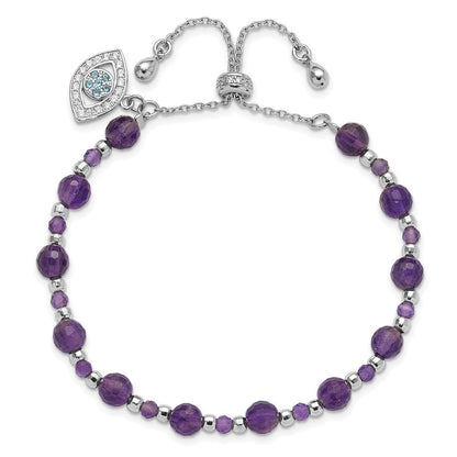 Sterlingsilber Rhodiniert Amethyst und Zirkonia und Blau Glas Verstellbar Armband