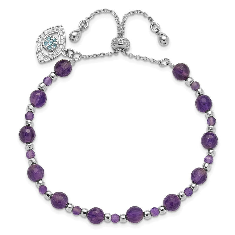 Sterlingsilber Rhodiniert Amethyst und Zirkonia und Blau Glas Verstellbar Armband