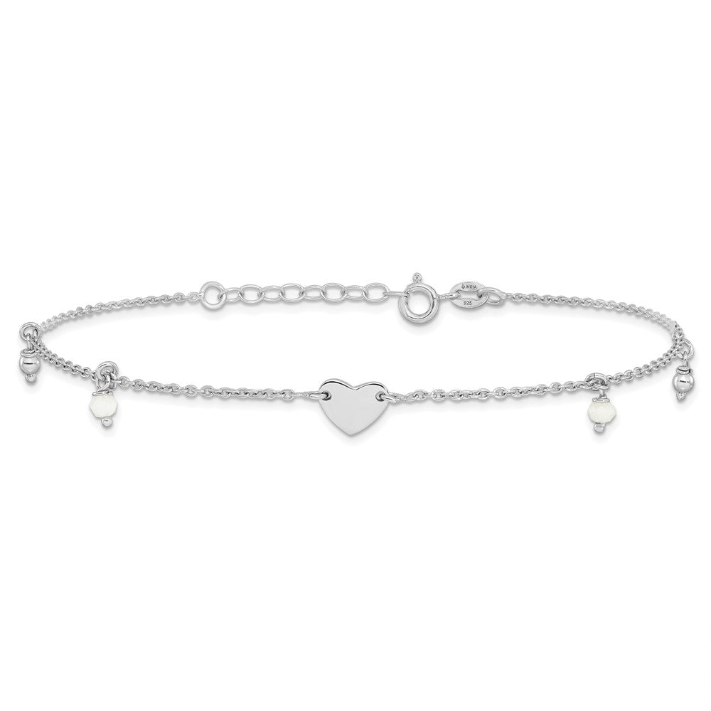 Sterlingsilber Rhodiniert Herz Glas Perlen 9 Zoll Plus 1 Zoll Verlängerung Fußkettchen