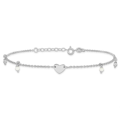 Sterlingsilber Rhodiniert Herz Glas Perlen 9 Zoll Plus 1 Zoll Verlängerung Fußkettchen