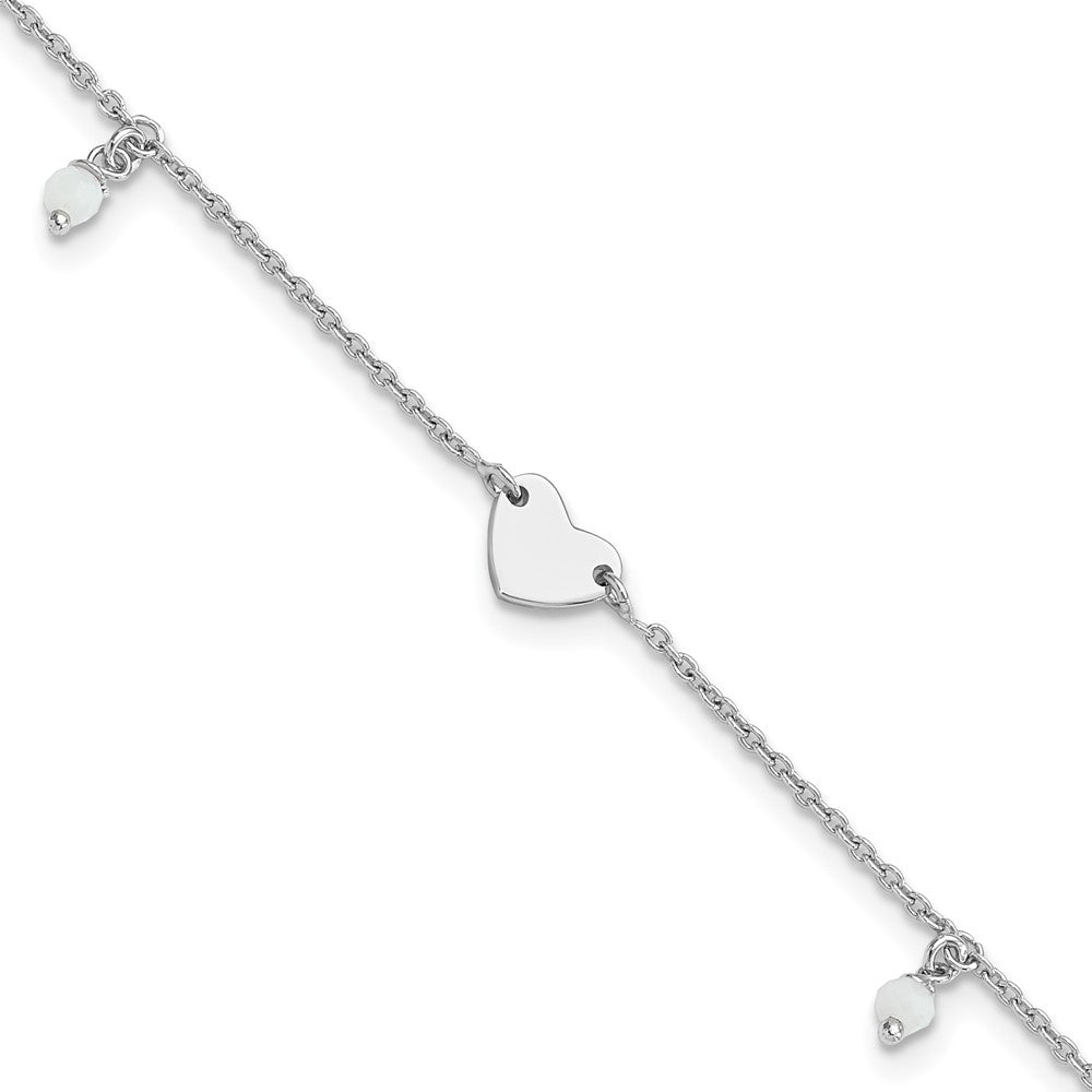 Sterlingsilber Rhodiniert Herz Glas Perlen 9 Zoll Plus 1 Zoll Verlängerung Fußkettchen