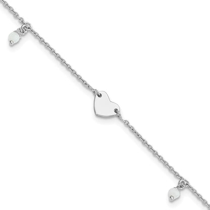 Sterlingsilber Rhodiniert Herz Glas Perlen 9 Zoll Plus 1 Zoll Verlängerung Fußkettchen