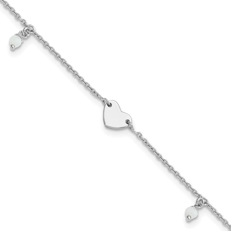 Sterlingsilber Rhodiniert Herz Glas Perlen 9 Zoll Plus 1 Zoll Verlängerung Fußkettchen