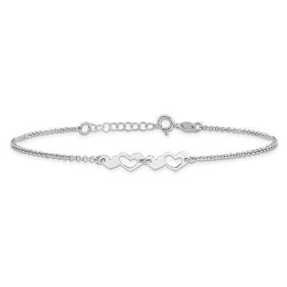 Sterlingsilber Rhodiniert Herzen 9 Zoll Plus 1 Zoll Verlängerung Fußkettchen