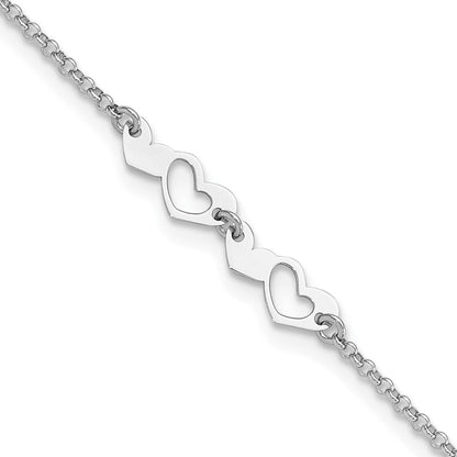 Sterlingsilber Rhodiniert Herzen 9 Zoll Plus 1 Zoll Verlängerung Fußkettchen