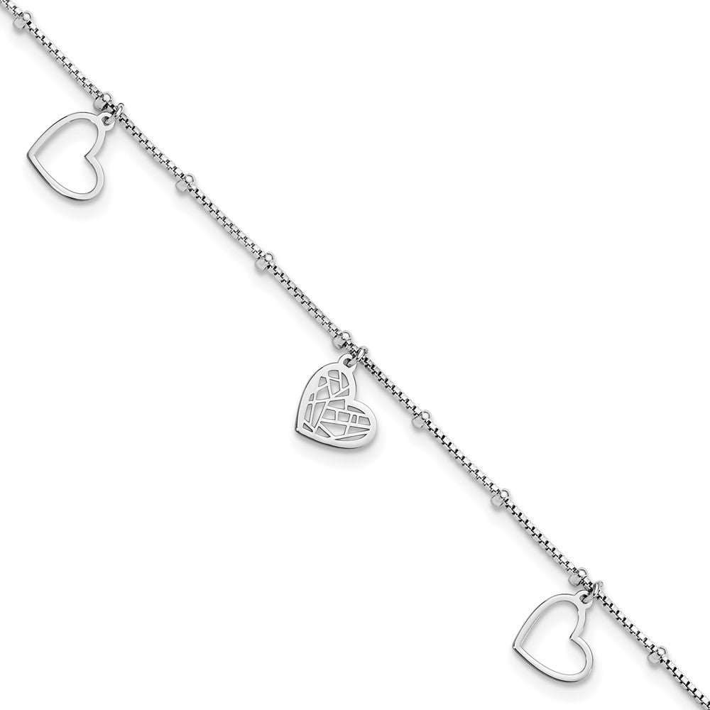 Sterlingsilber Rhodiniert Ausgeschnitten Herzen 9 Zoll Plus 1 Zoll Verlängerung Fußkettchen