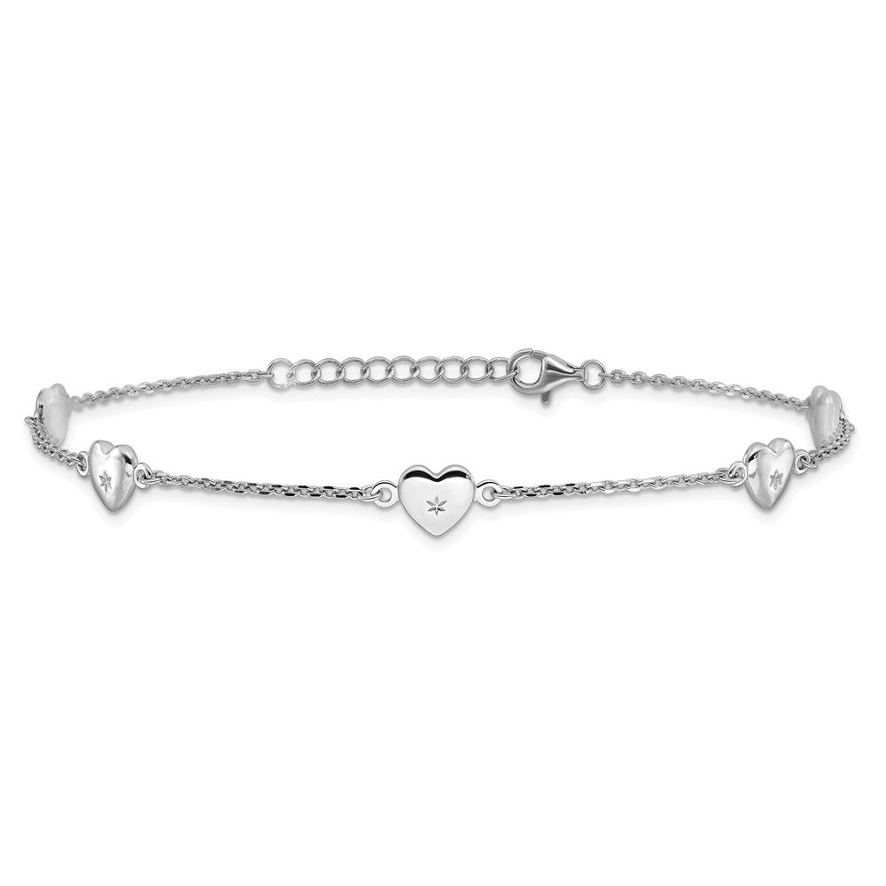 Sterlingsilber Rhodiniert Herzen 9 Zoll Plus 1 Zoll Verlängerung Fußkettchen