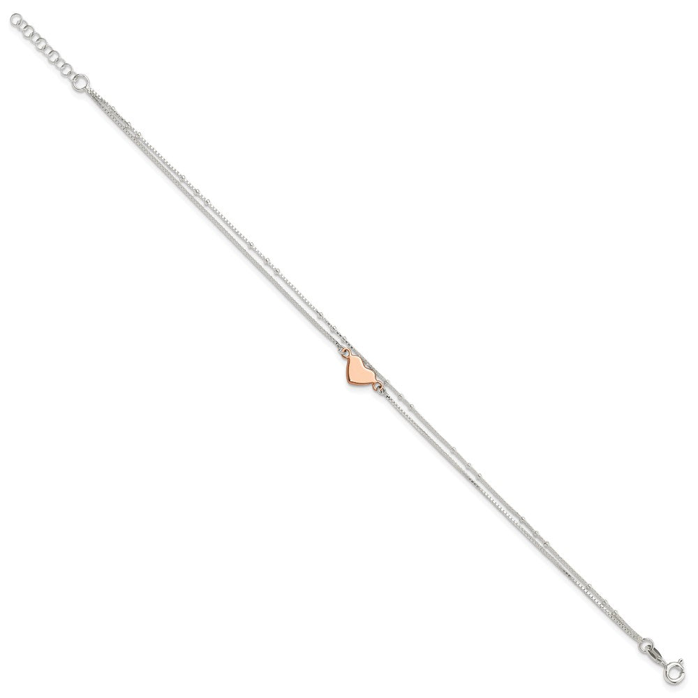 Sterlingsilber Roséfarben 2-strand Herz 9 Zoll Plus 1 Zoll Verlängerung. Fußkettchen