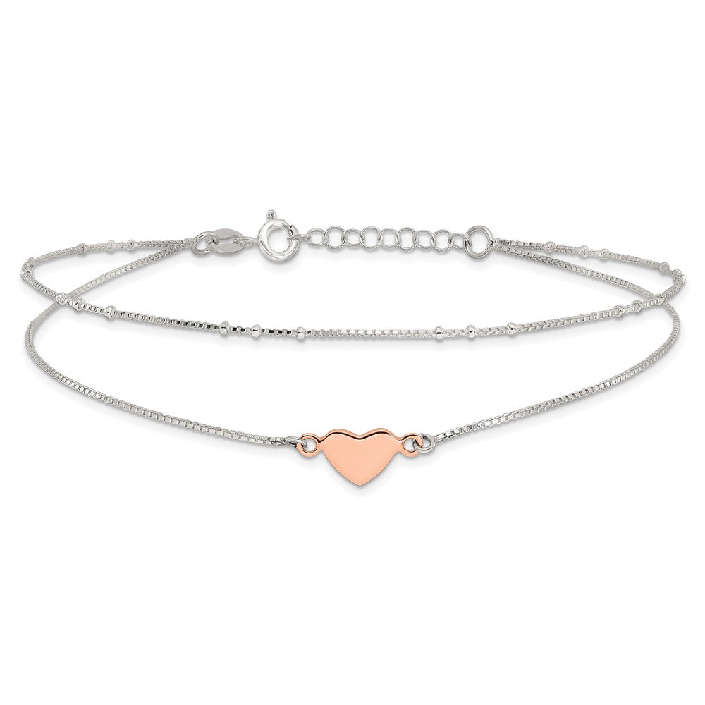 Sterlingsilber Roséfarben 2-strand Herz 9 Zoll Plus 1 Zoll Verlängerung. Fußkettchen