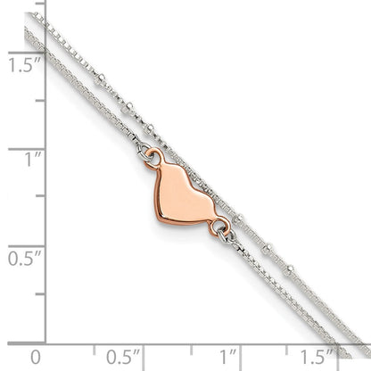 Sterlingsilber Roséfarben 2-strand Herz 9 Zoll Plus 1 Zoll Verlängerung. Fußkettchen