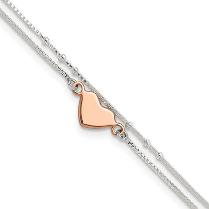 Sterlingsilber Roséfarben 2-strand Herz 9 Zoll Plus 1 Zoll Verlängerung. Fußkettchen