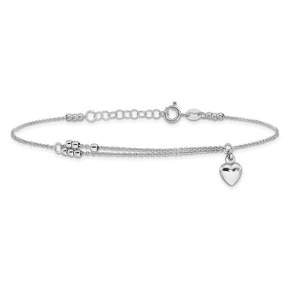 Sterlingsilber Rhodiniert Perlen und Herz 9 Zoll Plus 1 Zoll Verlängerung Fußkettchen
