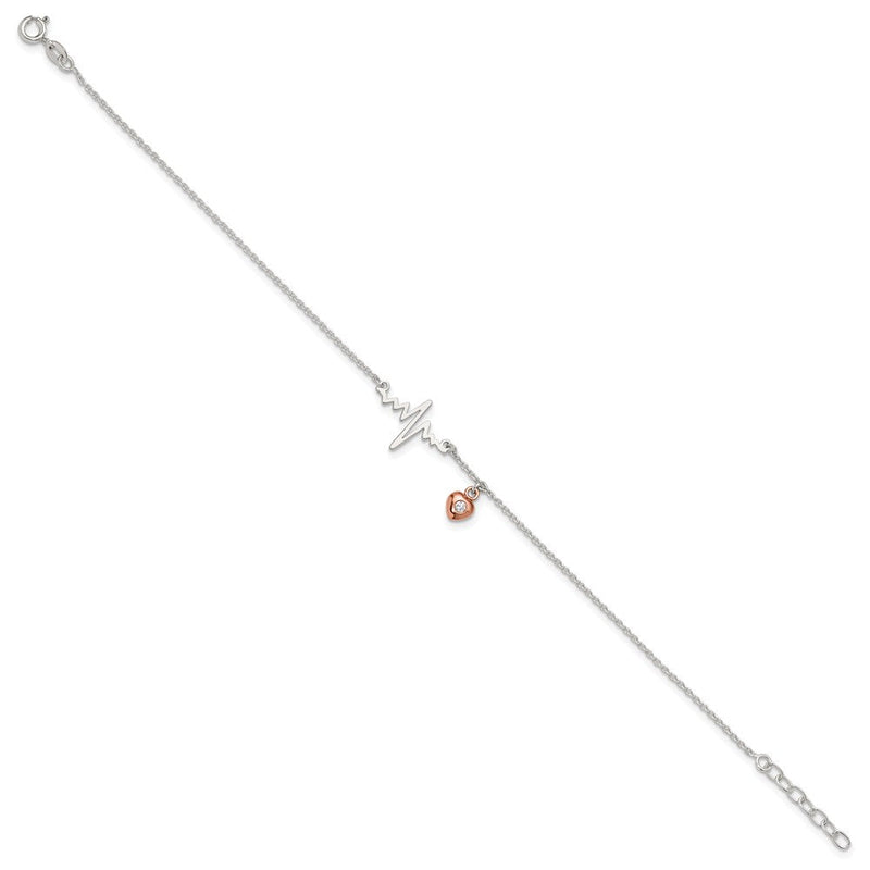 Sterlingsilber Roséfarben Zirkonia Herz und Heartbeat 9 Zoll Plus 1 Zoll Verlängerung. Fußkettchen