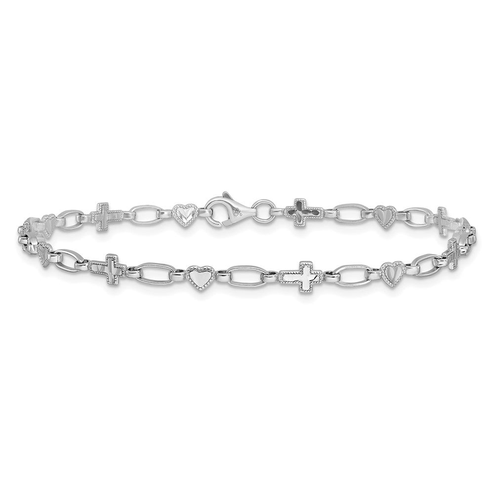 Sterlingsilber Rhodiniert 10 Zoll Herz und Kreuz Fußkettchen