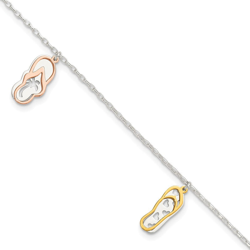 Sterlingsilber mit Rose und Goldfarben Flip Flops 9 Zoll Plus 1 Zoll Verlängerung Fußkettchen
