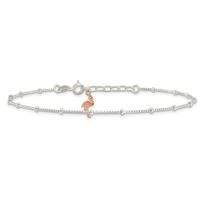 Sterlingsilber Gekugelt Roséfarben Flamingo 9 Zoll Plus 1 Zoll Verlängerung Fußkettchen